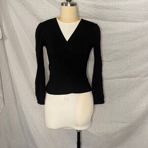 Black Small By Design Wrap Tight Long Sleeve Blouse Tee Shirt V Cut Cotton